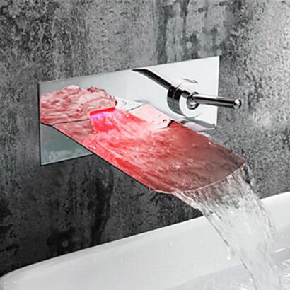 Chrome Finish Color Changing LED Waterfall Wall Mount Bathroom Sink Tap T0500BF