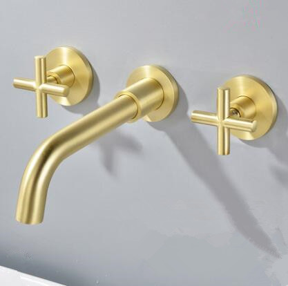 Antique Golden Brass Brushed Wall Mounted Two Handles Mixer Bathroom ...