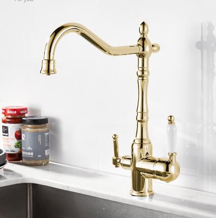 Golden Brass 3-Way Water Filter 360° Rotatable Drinking Kitchen Tap TG0222