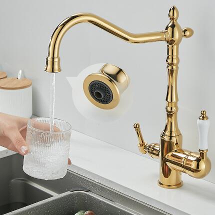 Golden Brass 3-Way Water Filter 360° Rotatable Drinking Kitchen Tap TG0222