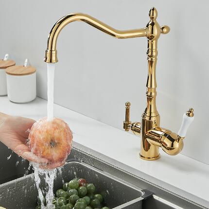 Golden Brass 3-Way Water Filter 360° Rotatable Drinking Kitchen Tap TG0222